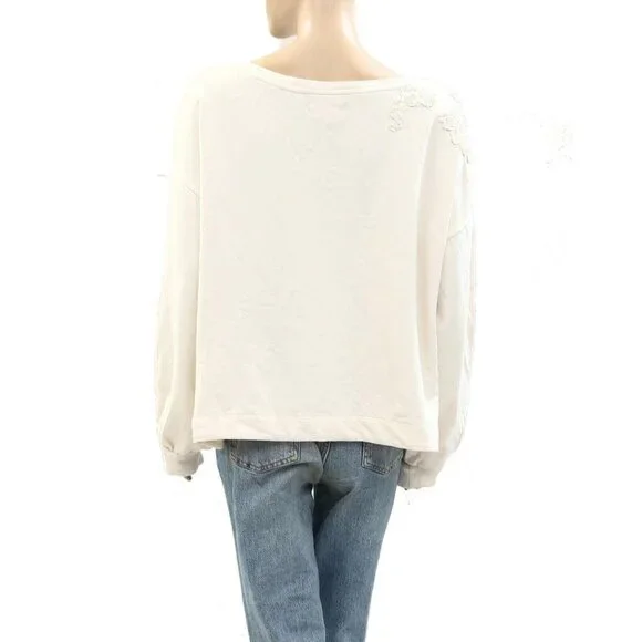 By Anthropologie Crochet Appliqué Pullover Top Oversized Cotton Lace S 272128 Blouses